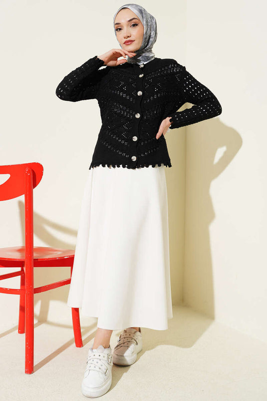 Cardigan court ajouré avec détails en relief et boutons, noir
