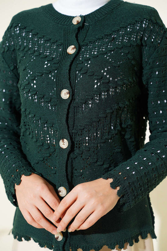 Cardigan court ajouré avec détails en relief et boutons, couleur émeraude