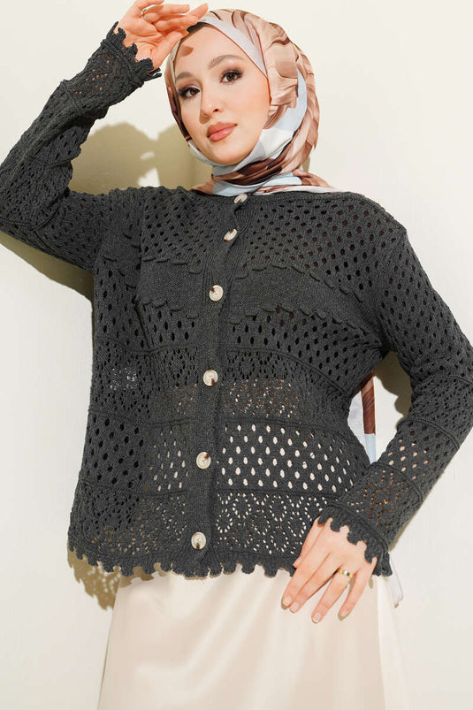 Buttoned Embossed Short Knit Cardigan in Charcoal