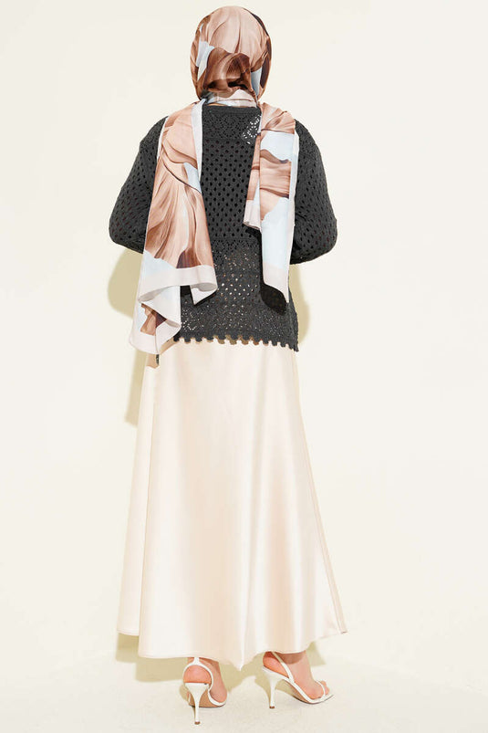 Buttoned Embossed Short Knit Cardigan in Charcoal