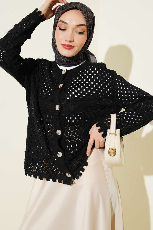 Cardigan court en tricot noir à boutons et reliefs