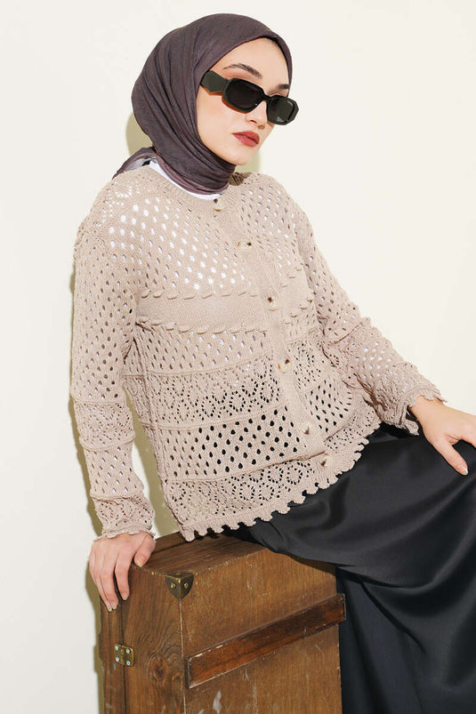 Buttoned Embossed Short Knit Cardigan Mink