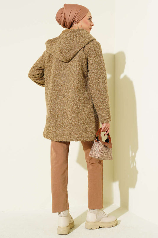 Buttoned Hooded Boucle Cardigan Beige