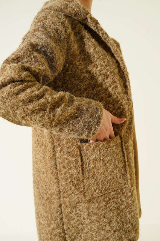 Buttoned Hooded Boucle Cardigan Beige