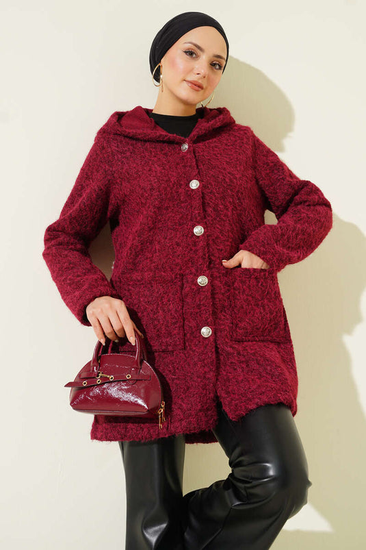 Buttoned Hooded Boucle Cardigan Burgundy