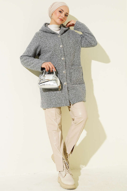Buttoned Hooded Boucle Cardigan Gray