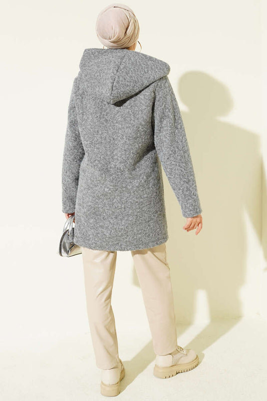 Buttoned Hooded Boucle Cardigan Gray