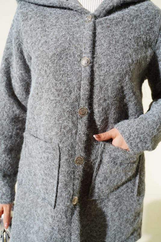 Buttoned Hooded Boucle Cardigan Gray