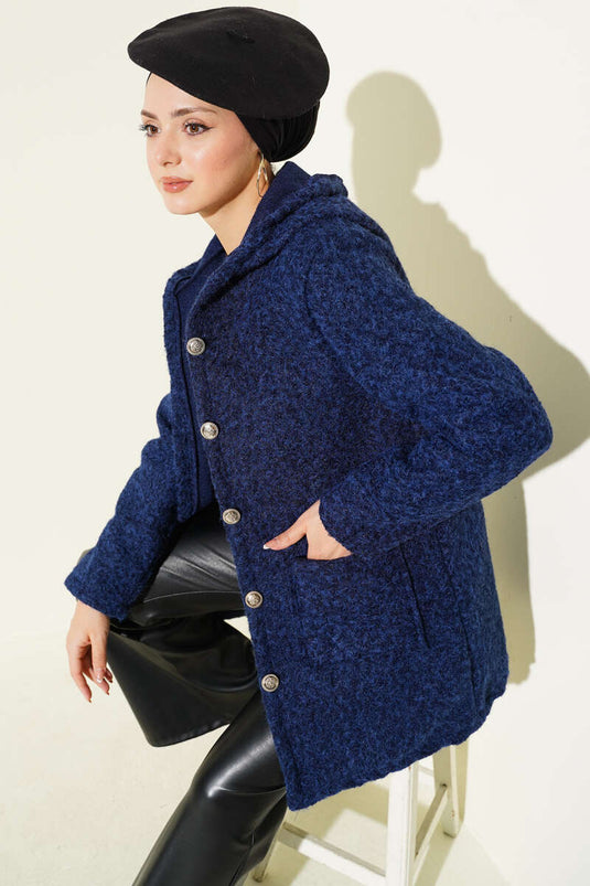 Buttoned Hooded Boucle Cardigan Navy Blue