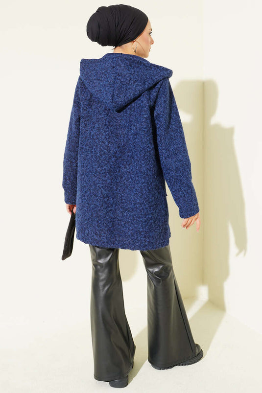Buttoned Hooded Boucle Cardigan Navy Blue