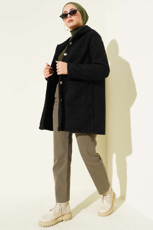Buttoned Hooded Boucle Cardigan Black