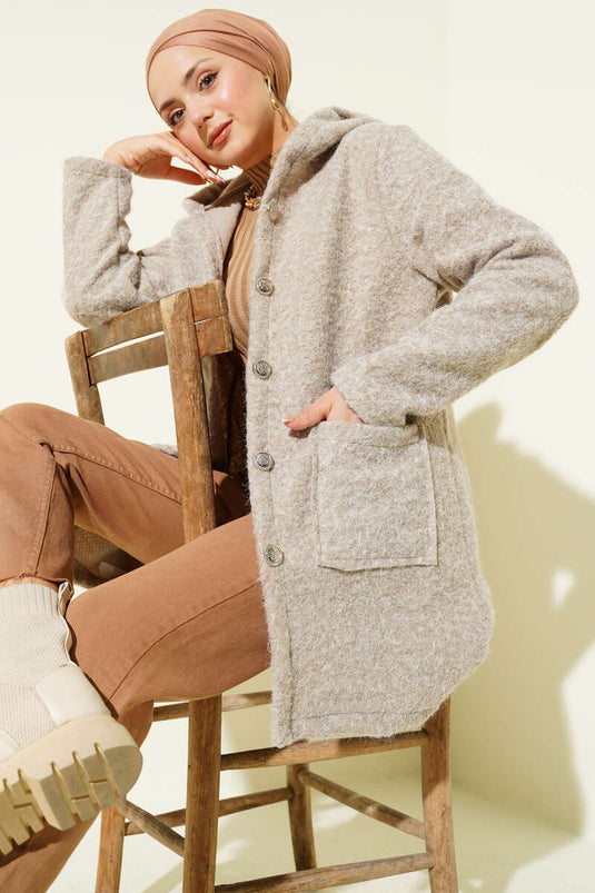 Düğmeli Kapüşonlu Buklet Hırka Vizon