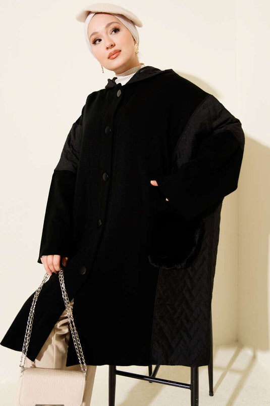 Buttoned Hooded Grani Poncho Black