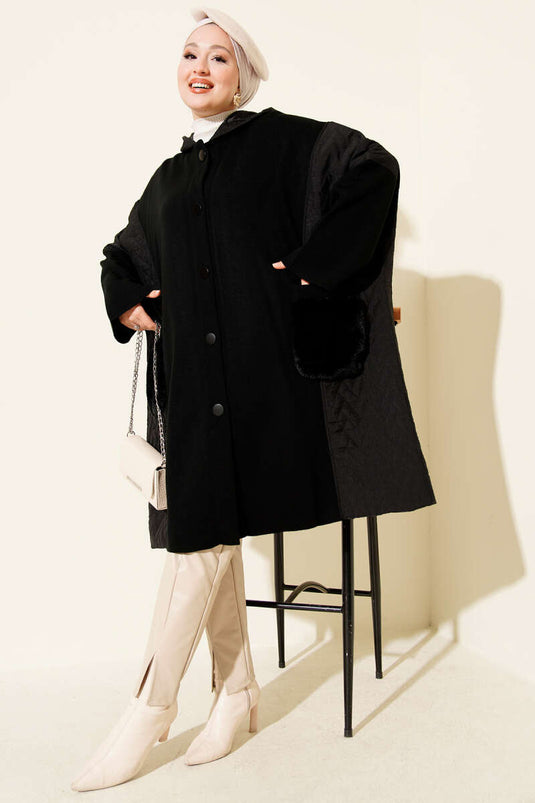 Buttoned Hooded Grani Poncho Black