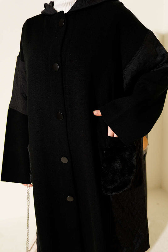 Buttoned Hooded Grani Poncho Black