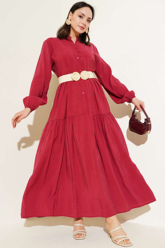 Buttoned Layered Tencel Dress Burgundy