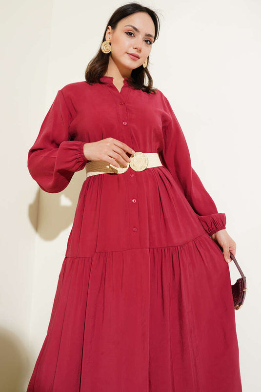 Buttoned Layered Tencel Dress Burgundy