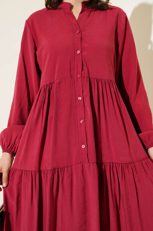 Buttoned Layered Tencel Dress Burgundy