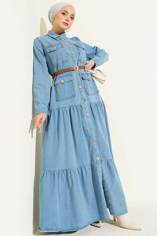 Düğmeli Kemerli Cepli Kot Elbise Açık Mavi