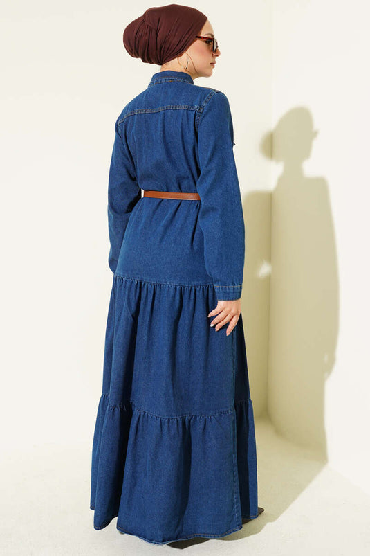 Düğmeli Kemerli Cepli Kot Elbise Mavi
