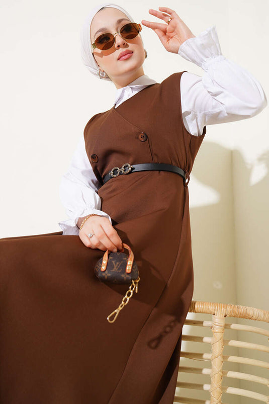Buttoned Belted Vest Dress Brown