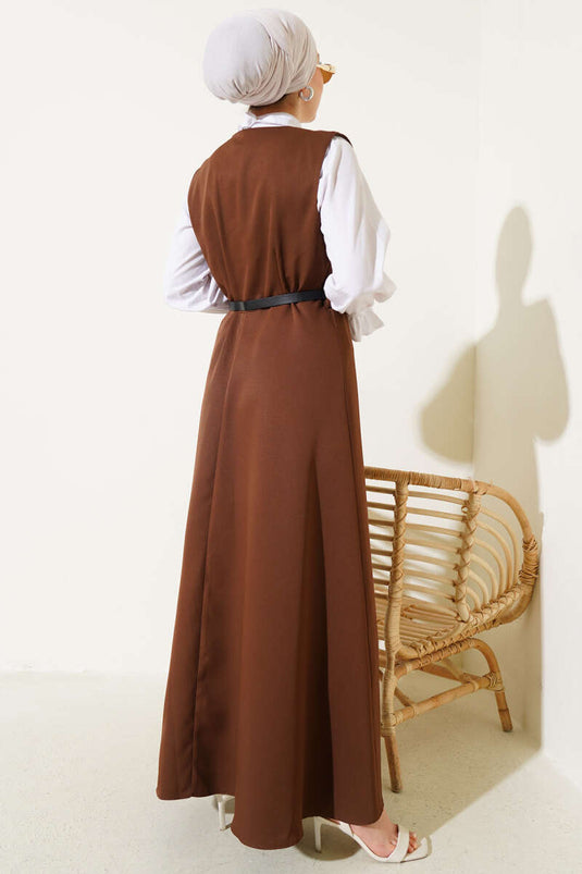 Buttoned Belted Vest Dress Brown