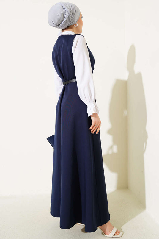 Buttoned Belted Pinafore Dress Navy Blue