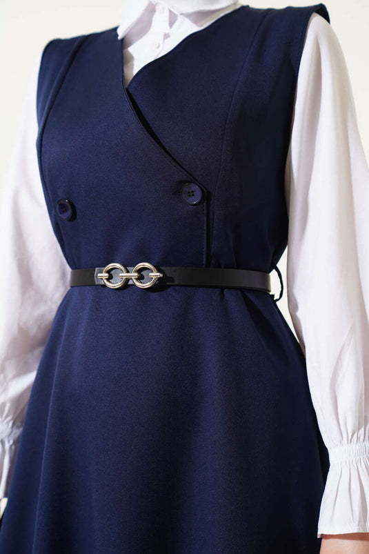 Düğmeli Kemerli Jile Elbise Lacivert