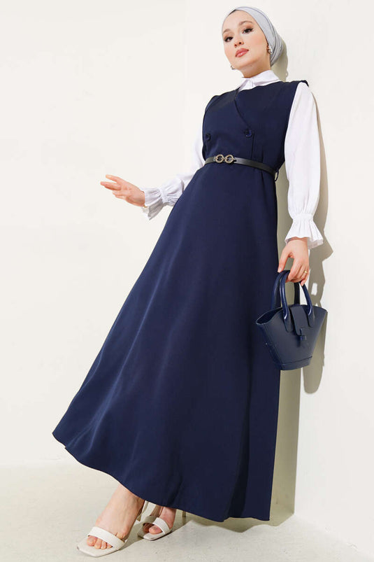 Düğmeli Kemerli Jile Elbise Lacivert