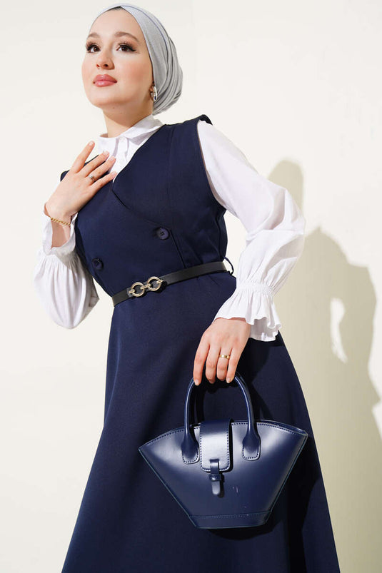 Buttoned Belted Pinafore Dress Navy Blue