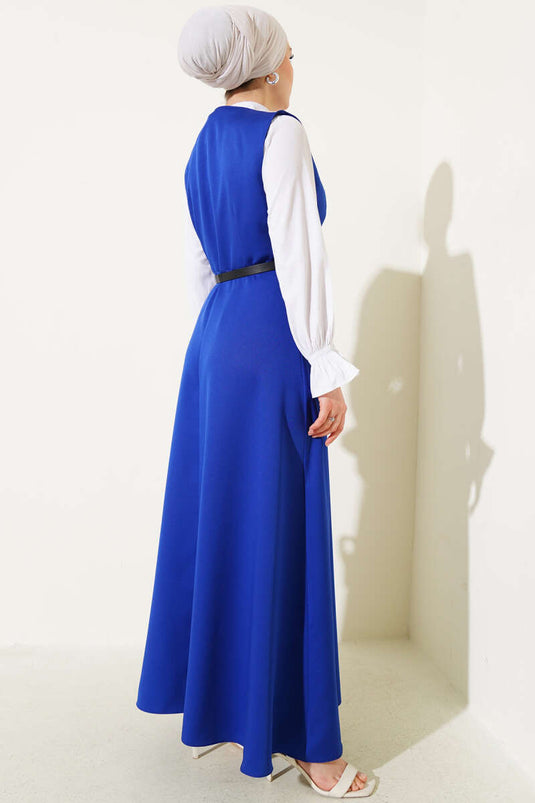 Düğmeli Kemerli Jile Elbise Saks