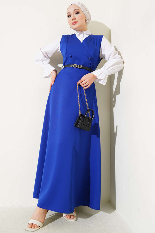 Düğmeli Kemerli Jile Elbise Saks