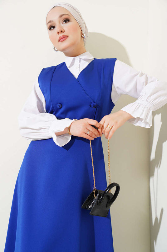 Düğmeli Kemerli Jile Elbise Saks