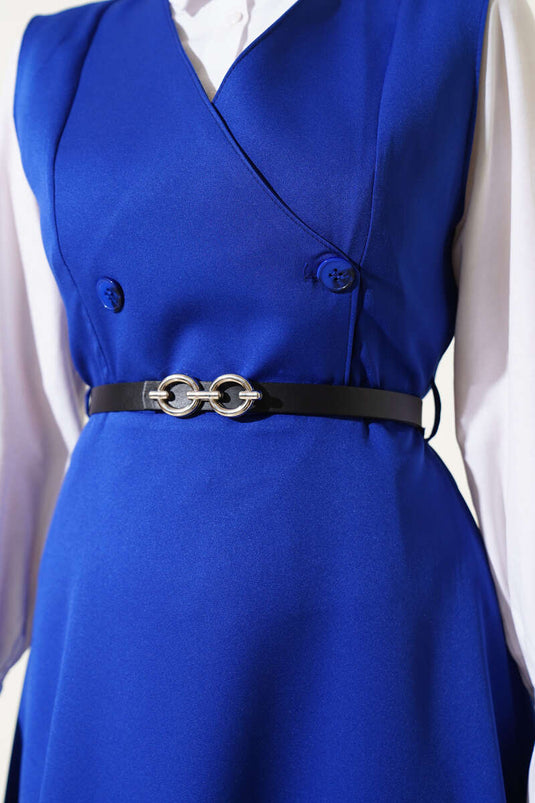 Düğmeli Kemerli Jile Elbise Saks