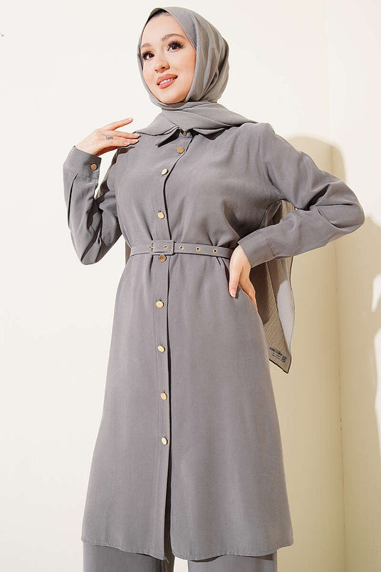 Buttoned Belted Long Tunic Two-Piece Set Gray
