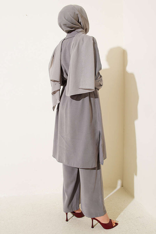 Buttoned Belted Long Tunic Two-Piece Set Gray