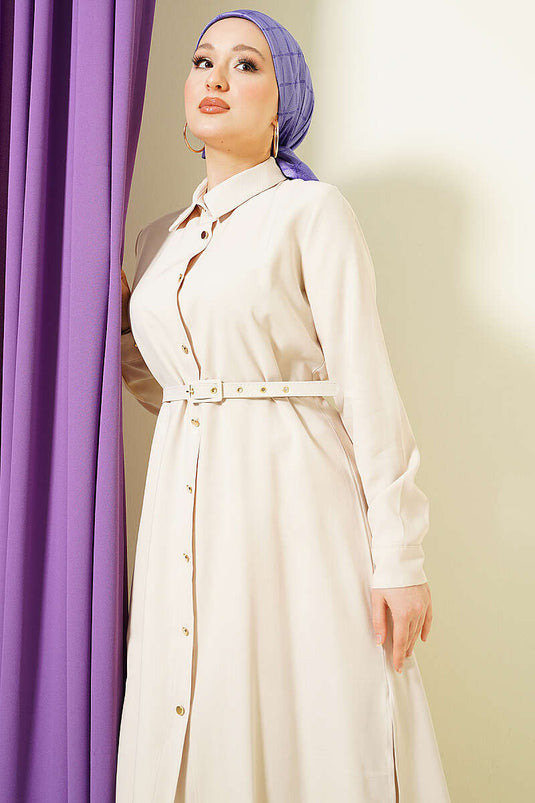 Long Tunic Set with Buttons and Belt, Stone Color