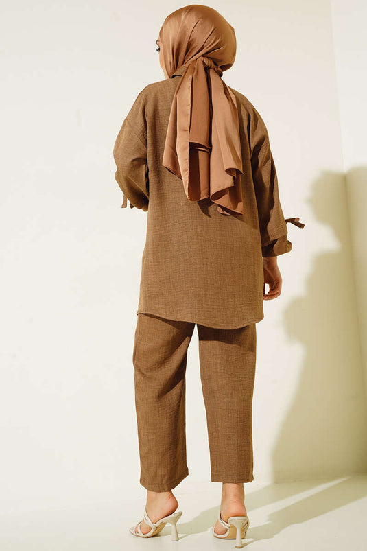 Costume Double Boutonné En Lin Marron