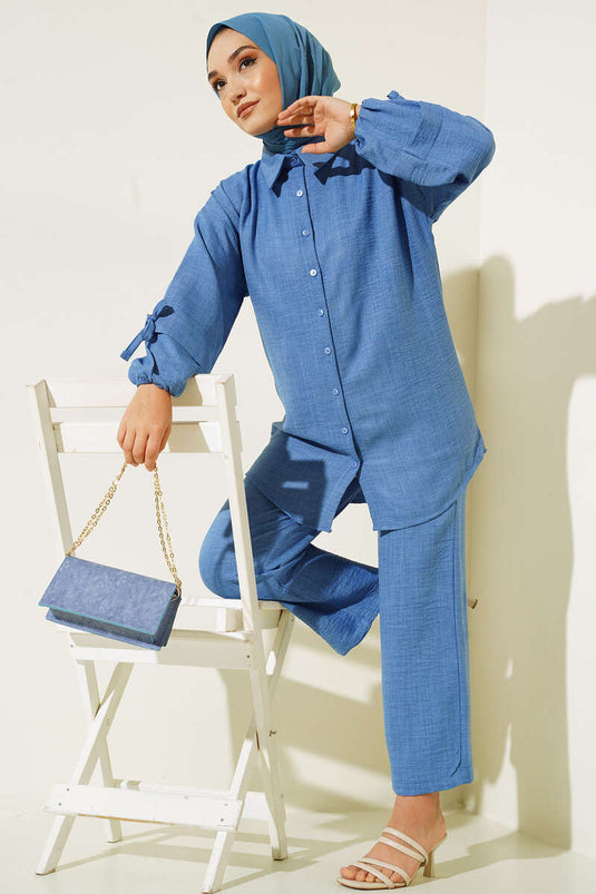 Buttoned Linen Two-Piece Set Blue