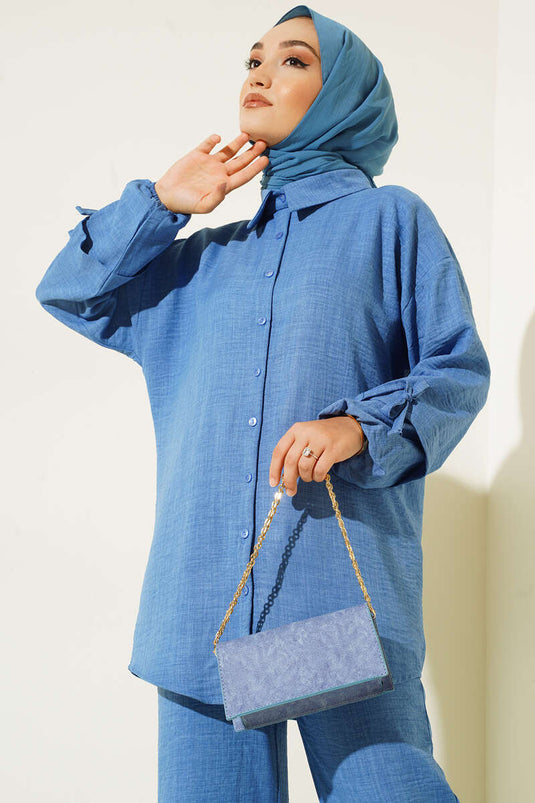 Buttoned Linen Two-Piece Set Blue