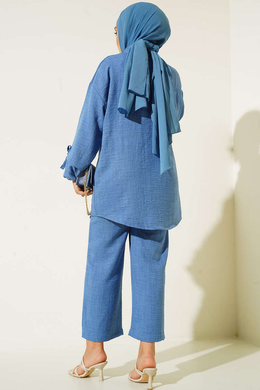 Buttoned Linen Two-Piece Set Blue