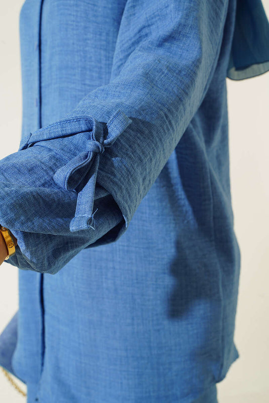 Buttoned Linen Two-Piece Set Blue