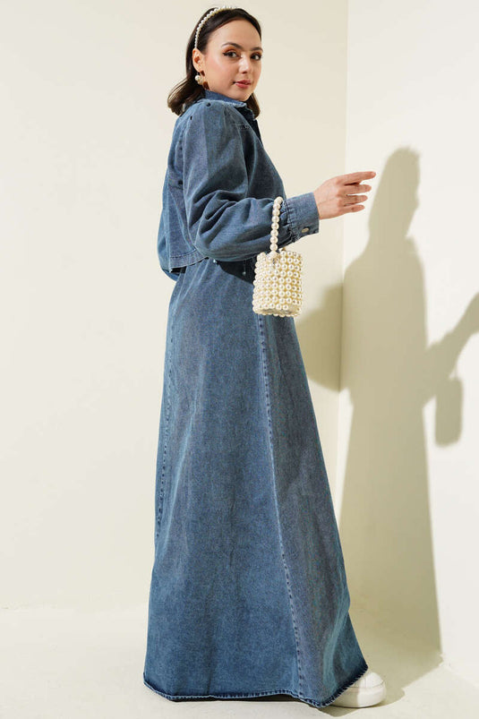 Giacca corta con bottoni in denim, set due pezzi, blu denim