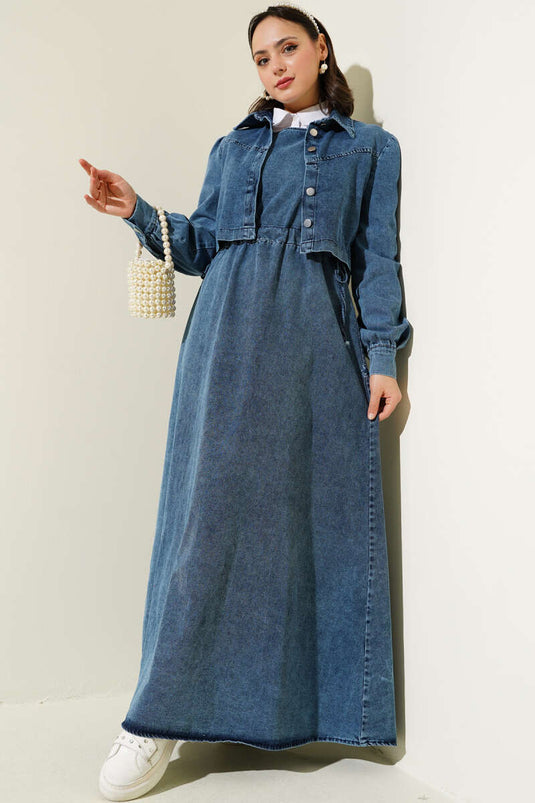 Giacca corta con bottoni in denim, set due pezzi, blu denim