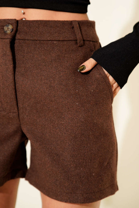 Buttoned Short Cashmere Trousers, Brown