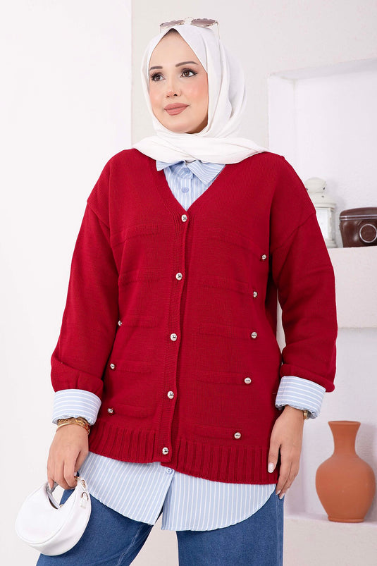 Düğmeli Kısa Triko Hırka Kırmızı