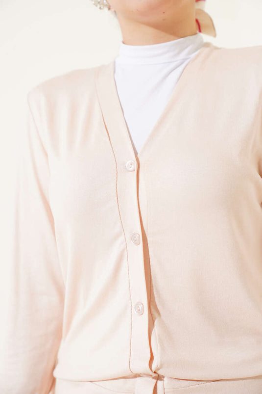 Cardigan corto in viscosa con bottoni beige