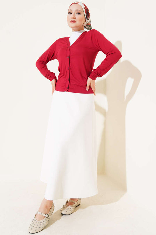 Buttoned Short Viscose Cardigan Claret Red