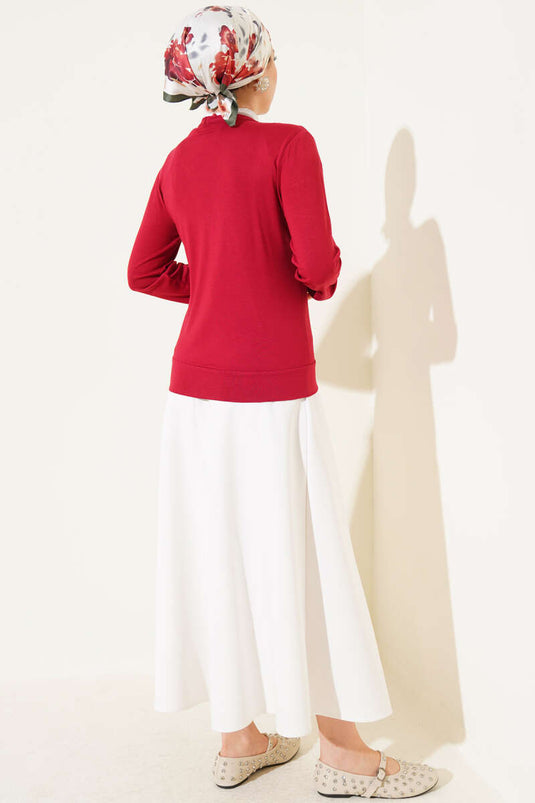 Buttoned Short Viscose Cardigan Claret Red