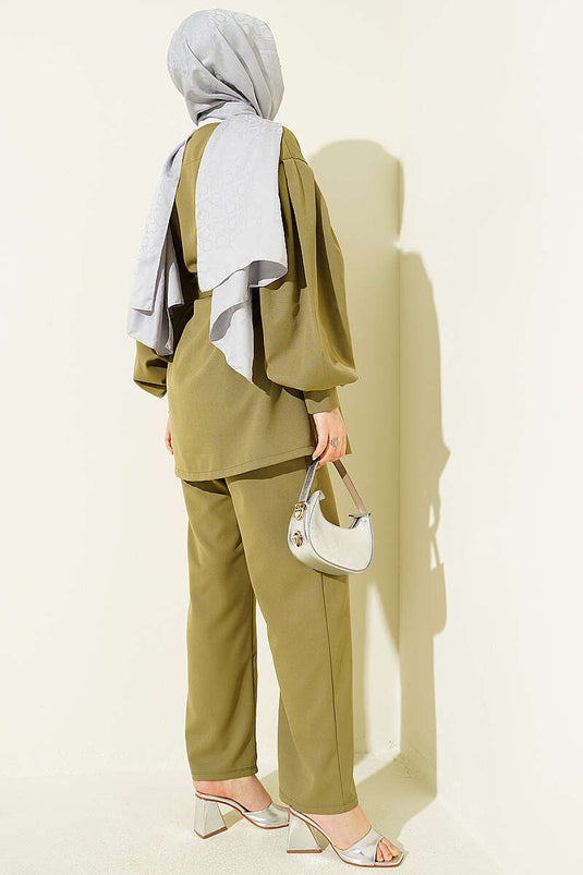 Ensemble deux pièces à manches plissées avec boutons, vert pistache